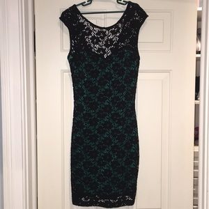 black lace bodycon dress over teal fabric